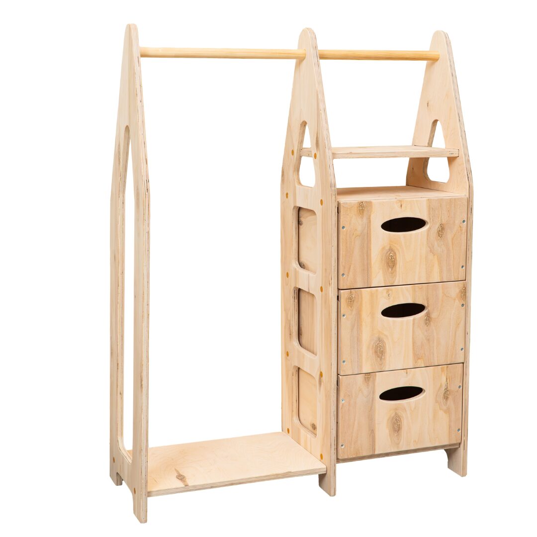 Montessori Kleiderschrank aus Naturholz mit 3 Schubladen, Kleiderstange und Regalen Montessori Kleiderschrank aus Naturholz mit 3 Schubladen, Kleiderstange und Regalen - Produktbild von Cozy Collections