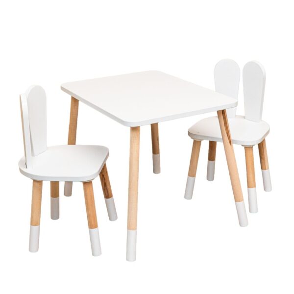 Set Tisch und 2 Stühle Weißes Kaninchen aus Naturholz | Montessori - Produktbild von Cozy Collections