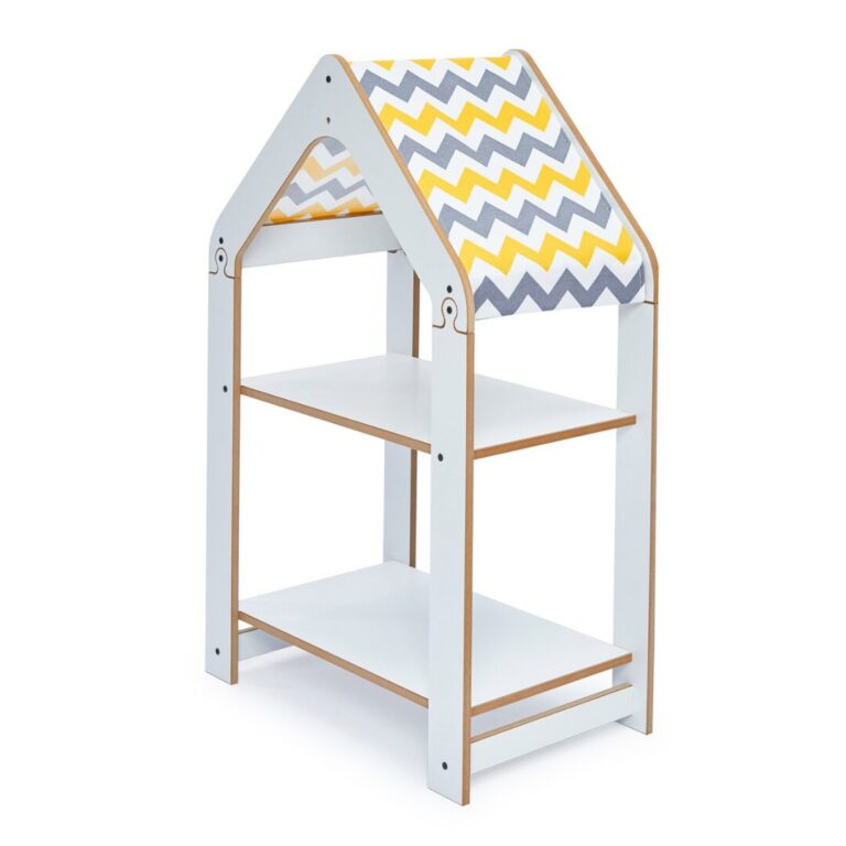 Hausregal 2 Ebenen Weiß – Montessori Bücherregal mit gelb-weißem Chevron-Dach - Produktbild von Cozy Collections
