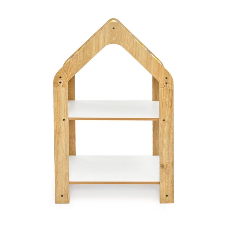 Hausregal 2 Ebenen aus Naturholz – Montessori Kinderbücherschrank mit Stoffdach - Galeriebild 1 von Cozy Collections