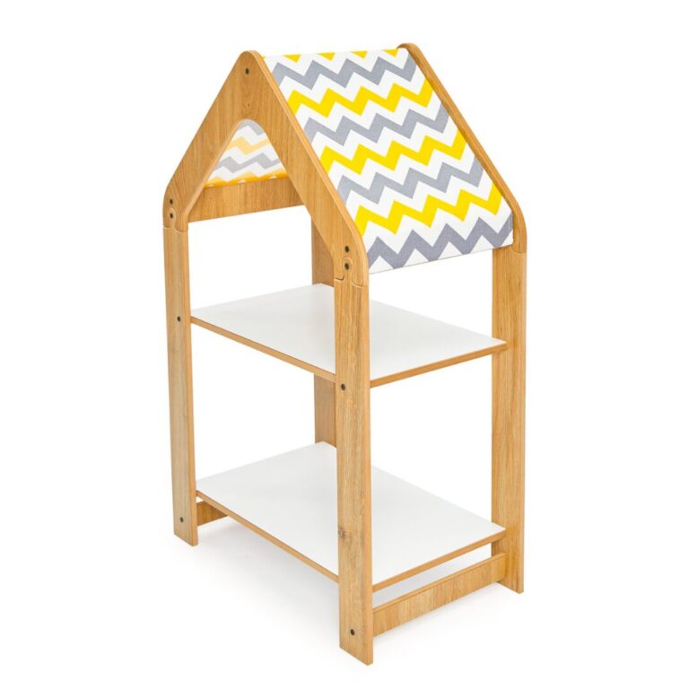 Hausregal 2 Ebenen aus Naturholz – Montessori Kinderbücherschrank mit Stoffdach - Produktbild von Cozy Collections