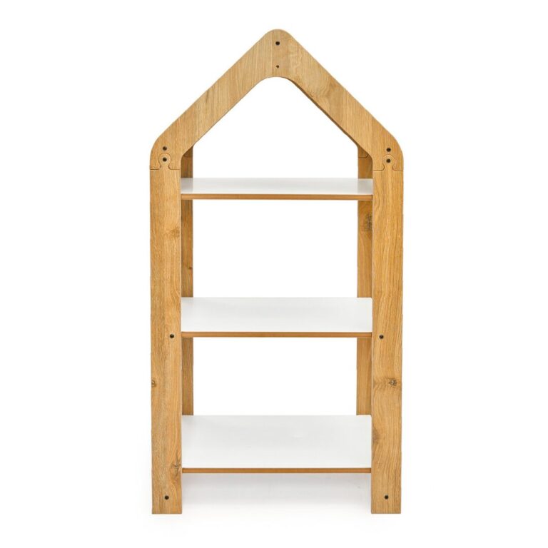 Hausregal 3 Ebenen Naturholz und Weiß – Montessori Hoher Bücherregal mit Gelbem Chevron-Dach - Galeriebild 1 von Cozy Collections