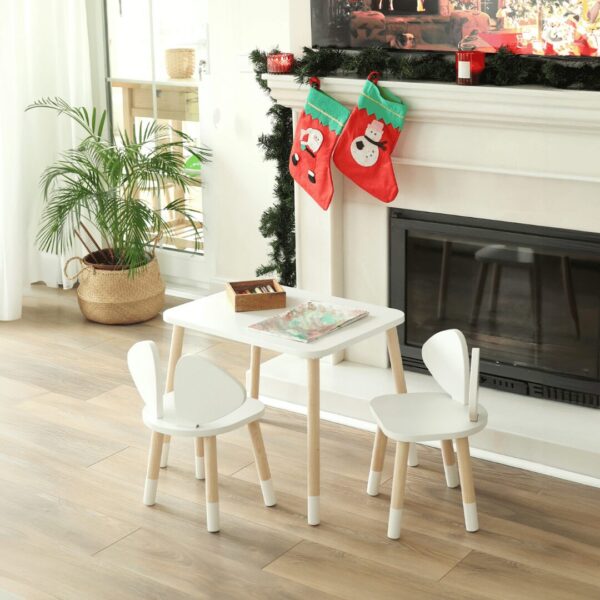 Set Tisch und 2 Stühle mit Hundeohren aus weißem und naturfarbenem Holz | Design Puppy