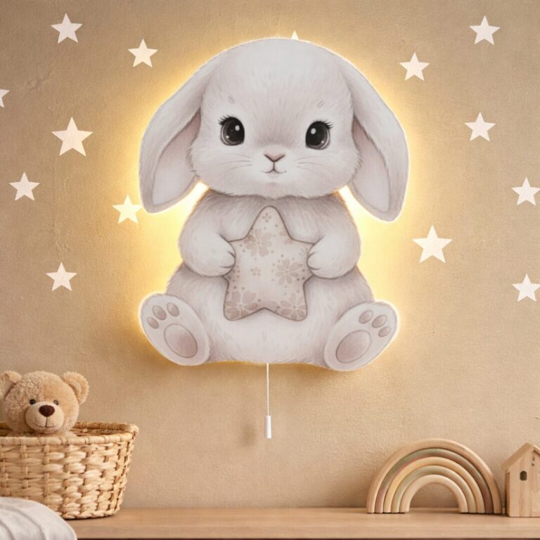 Graues Kaninchen mit Stern LED-Wandnachtlicht | LED Nachtlicht Holz