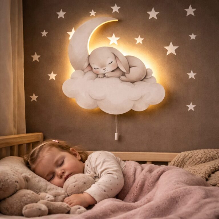 Schlafendes Kaninchen auf Mond und Wolke LED-Wandnachtlicht | LED Nachtlicht Holz