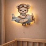 Wandnachtlicht weißer Bär mit Flugzeug Aquarell | LED Nachtlicht Holz